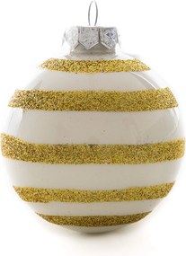 Fehér-arany csíkos kézzel festett karácsonyi üveggömb szett, 7 cm, 6 db