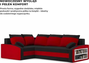 Grande sarokkanapé polcokkal , polc a jobb karfaban, baloldali, szövet anyag, hab töltet, fekete - piros