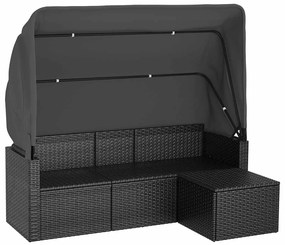 3-személyes fekete polyrattan kanapé tetővel és lábtartóval