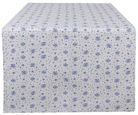 Pamut fehér asztali futó kék rózsás 50x140 cm