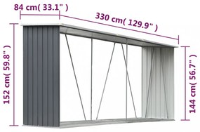 szürke horganyzott acél kerti tűzifatároló 330 x 84 x 152 cm