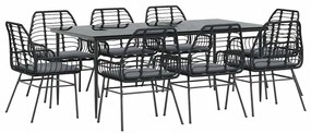 9 részes fekete polyrattan üveg kerti étkezőgarnitúra párnákkal