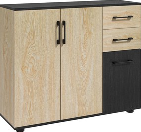 HOMCOM Tárolószekrény, Oldalszekrény, Konyhaszekrény, 2 Szekrény, Állítható Polc, 2 Fiók, Modern Stílus, Nappaliba, Konyhába, Étkezőbe, 90 x 30 x 75,5