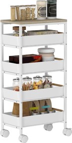 HOMCOM 5 szintes konyhai tároló kocsi kerekekkel Fából készült hatású lap és 4 eltávolítható fiók - 39,5x24x82 cm Fehér | Aosom