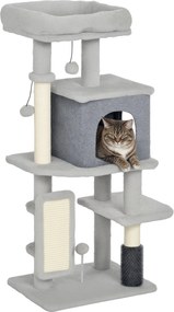 PawHut Macska Kaparófa 104 cm Magas Macska Torony Platformokkal, Kefével, Lógó Labdákkal és Kaparó Paddal - Világosszürke | Aosom