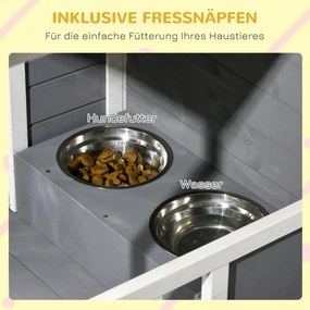 PawHut Tömörfa kutyaház 2 etetőtállal, veranda, időjárásálló, szürke-fehér