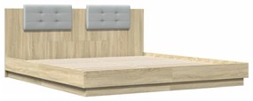 sonoma tölgy színű ágykeret fejtámlával és LED-ekkel 200x200 cm