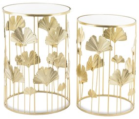Gatsby design kerek fém 2db-os konzolasztal szett ginkgo biloba levelekkel üveg lappal 55x38x38-50x33x33cm