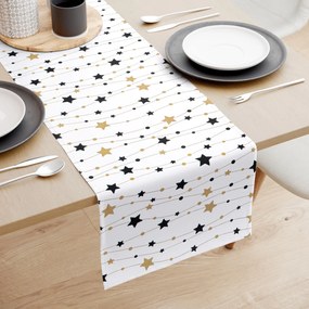 Goldea karácsonyi pamut asztali futó - arany és fekete csillagok fehér alapon 20x140 cm