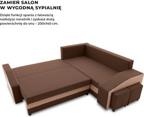 Grande sarokkanapé polcokkal és puffokkal , polc a bal karfaban puffok a jobb karfaban, jobboldali, szövet anyag, bonell töltet, barna