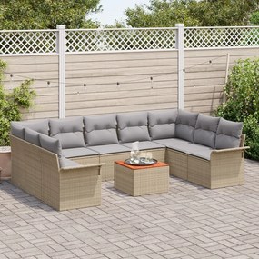 10 Részes Kert Sofa Szett Párnákkal Bézs Poli Rattan Akác