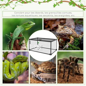 PawHut Reptiliák Terasz Dozó Átlátszó Terrárium Élőhely Csúszó Fedél Hálós Vízadagoló Hőmérő Üvegből Fémből 50x30x25 cm Fehér | Aosom