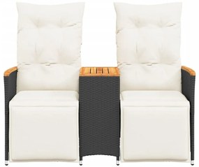 2 személyes fekete polyrattan dönthető kerti kanapé asztallal