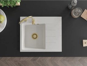 Mexen Ben gránit mosogató 1-medencés csepegtetővel, balos 600 x 500 mm, fehér, arany szifon - 6522605000-20-G