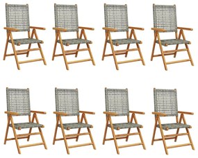 8 db szürke polyrattan és tömör fa dönthető kerti szék