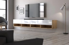 TV-szekrény 200 cm, 2 ajtóval, Wotan tölgy/magasfényű fehér színkombinációban DERBY