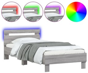 szürke sonoma színű ágykeret fejtámlával és LED-ekkel 90x200 cm