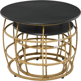 Outsunny 2 darabos oldalsó asztal szett, rattan kávézóasztal, fém felső kialakítás, kézzel szőtt kanapéasztal kerthez, erkélyhez, Ø46+Ø60 cm, Homok |