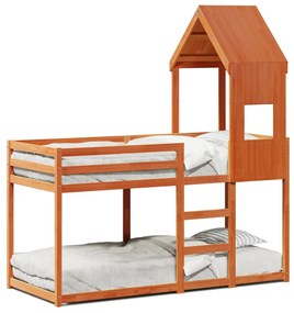 viaszbarna tömör fenyőfa ágy emelettel és tetővel 75 x 190 cm