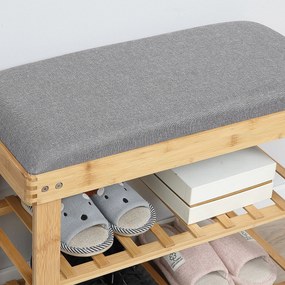 HOMCOM Cipőszekrény Pad Cipőtároló 2 Polccal Szürke Párnával Bambuszban | Aosom