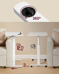 Gurulós ágy melletti asztal, kis állítható magasságú asztal, 70 × 40 cm-es asztallap, fehér