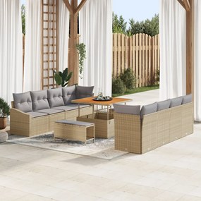 11 darabos kerti kanapé szett párnákkal bézs poly rattan akác, 2 személyes kerti kanapé tárolóval és párnákkal bézs poly rattan, 3 darabos kerti étkező szett párnákkal bézs poly rattan akác