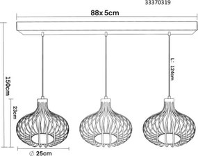 Globo 33370319 Függesztett lámpa, matt homokszínű fém, fekete textil kábel, HxSzxM: 1030x250x1500 mm, 3xE27 60W 230V izzók nélkül