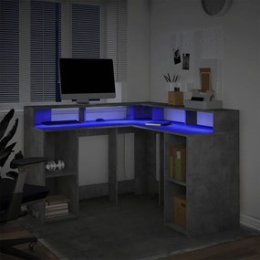 betonszürke szerelt fa íróasztal LED-világítással 130x130x91 cm