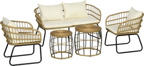 Outsunny 5 részes Rattan Kültéri Bútor Készlet, Ülőgarnitúra Párnákkal, Kert Készlet 2 Kávézóasztallal, 2 Karosszékkel és 1 Kanapéval, Ülőgarnitúra Ke