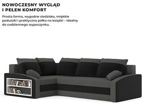 Grande sarokkanapé polcokkal , polc a bal karfaban, baloldali, szövet anyag, bonell töltet, szürke - fekete