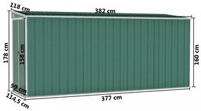 zöld acél falhoz erősíthető kerti fészer 118 x 382 x 178 cm