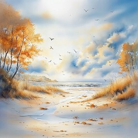 Vászonkép Canvas Tájkép Tenger Tengerpart Hullámok Dűnék Sirályok Ősz 80x80