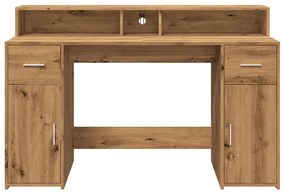 kézműves tölgy színű szerelt fa LED-es íróasztal 140x55x91 cm