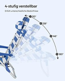 Strandszék, összecsukható , hordozható kültéri szék, állítható háttámlával, kék és fehér