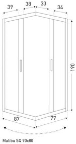 Malibu SQ 90x80 szögletes zuhanykabin zuhanytálca nélkül