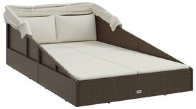 barna polyrattan napozóágy összecsukható tetővel 200x114x128 cm