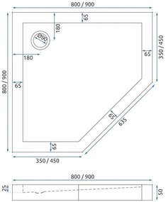 Rea Diamond, 5-szögletes zuhanykabin 90x90, 6 mm-es átlátszó üveg, matt arany profil + fehér zuhanytálca, KPL-K6506