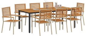 9 darabos kerti étkező garnitúra bézs poli rattan akáccal, Összecsukható kerti szék párnákkal - 2 db bézs poli rattanban, Kerti asztal 200x90x75 cm tömör akácfa és fém