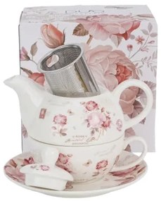 Rózsás porcelán egyszemélyes teáskészlet szűrővel díszdobozban