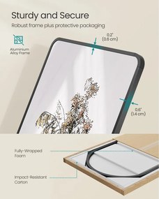 Állványos tükör, téglalap alakú, fekete, edzett üvegből, 150 x 40 cm