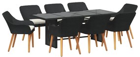 vidaXL Kert étkező szett párnával 9 pcs Fekete polirattan