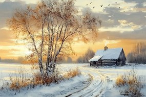 Vászonkép Canvas Tájkép Tél Nyírfa Hó Nap 120x80