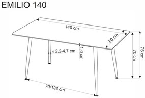 EMILIO 140 cm asztal, fehér márvány asztallappal, fekete lábakkal