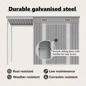 világosszürke acél kerti fészer meghosszabbított tetővel 277 x 107 x 181 cm