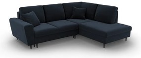 Sötétkék bársony kinyitható tárolóhelyes sarokkanapé (jobb oldali-L alakú) Kyoto – Cosmopolitan Design