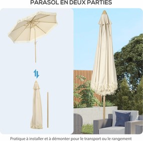 Outsunny Kültéri Kerti Napernyő Fringekkel, Dönthető Kerti Napernyő, Fém Talppal, Bohém Stílusú, 8 Bordás, Ø 265 x 244H cm Krém | Aosom