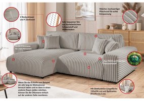 Világosszürke kordbársony kinyitható-tárolóhelyes sarokkanapé (bal oldali) Sarina – Ropez