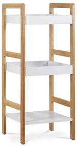 Etajeră de depozitare DR-013-3, din 3 piese, realizată din bambus, culoare natur, cu rafturi din MDF alb. Capacitate de încărcare: 9 kg.