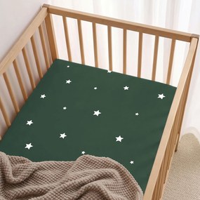 Goldea karácsonyi gyermek gumis pamut lepedő kiságyba - csillagok sötétzöldön 60 x 120 cm