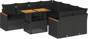 vidaXL 9 részes fekete polyrattan akácfa kerti ülőgarnitúra párnákkal